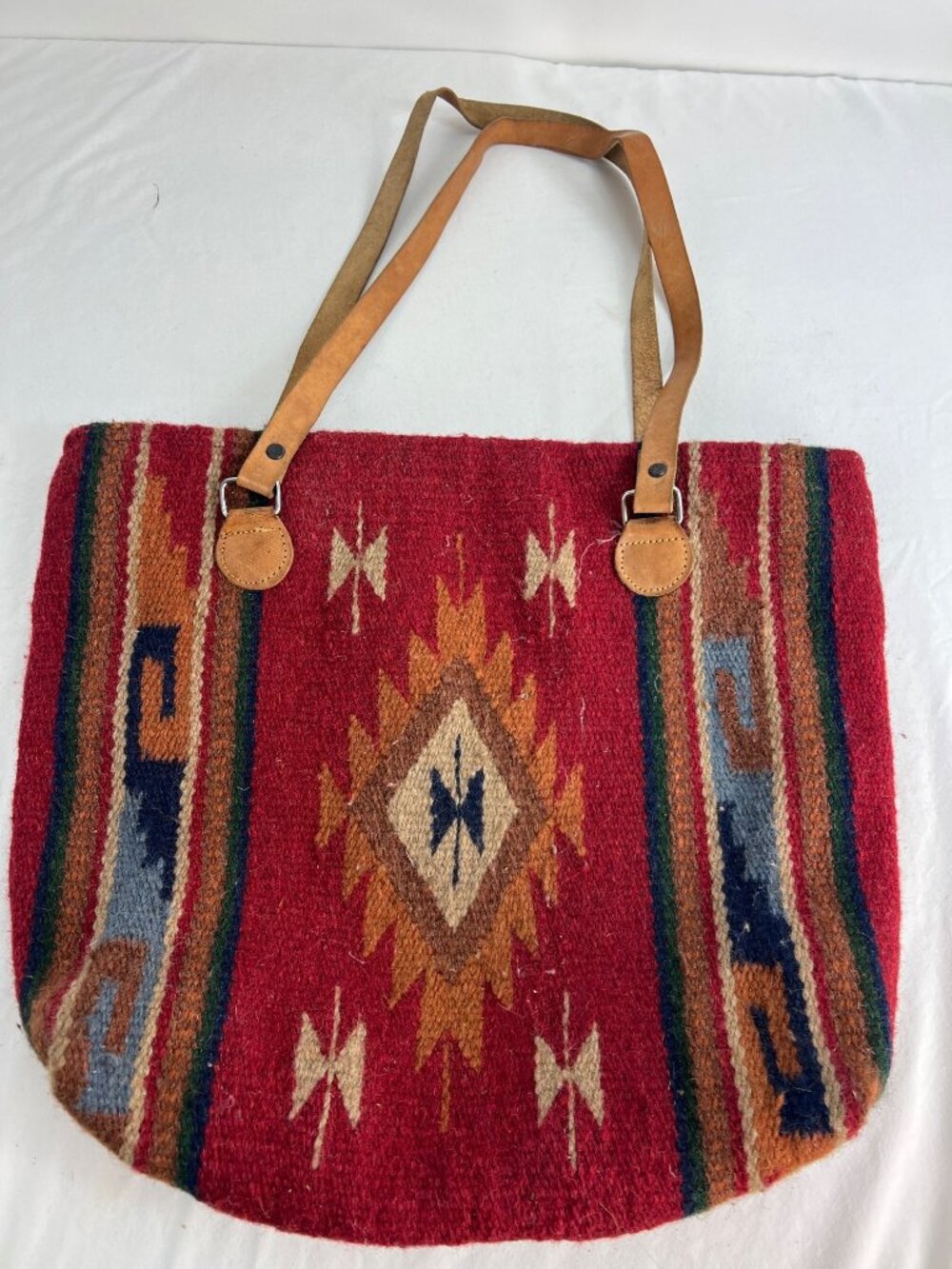 Southwestern Saddle Blanket Woven Wool Tote Bag With Leather Straps